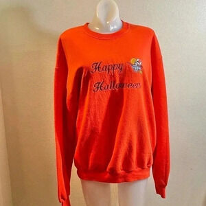 Jerzees Women’s Sz L Sweatshirt Happy Halloween Embroidered Witch Orange Vintage